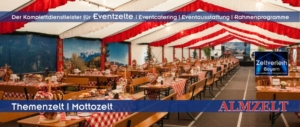 Traditionell dekoriertes Almzelt für ein zünftiges Betriebsfest im Raum München und Landshut, geplant von Schätzl Ereignismanagement.