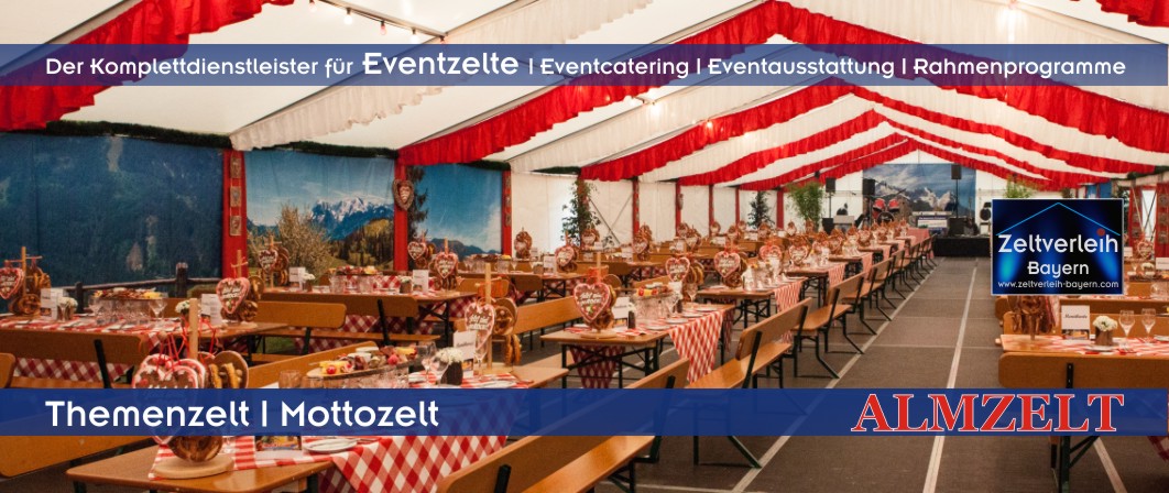 Traditionell dekoriertes Almzelt für ein zünftiges Betriebsfest im Raum München und Landshut, geplant von Schätzl Ereignismanagement.