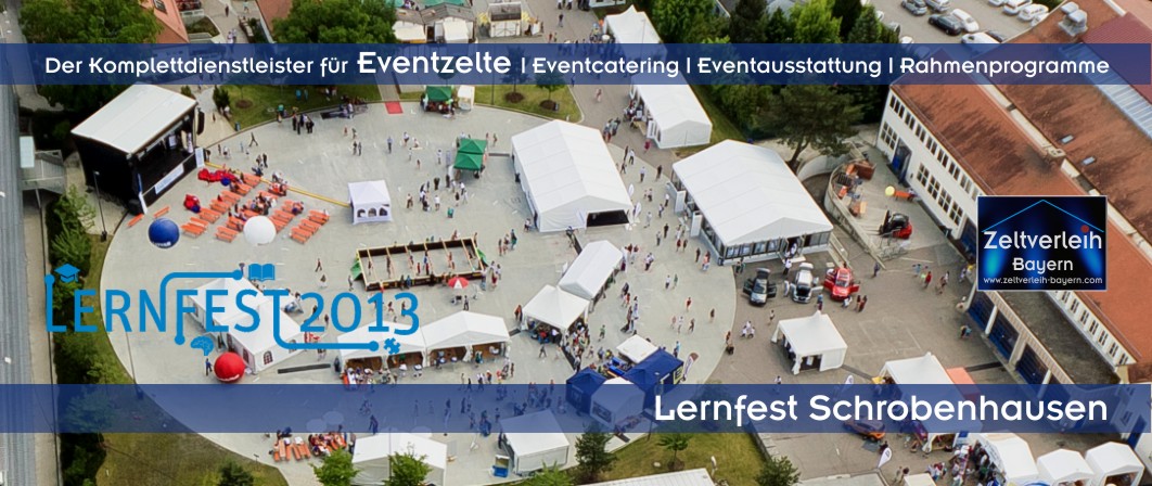 Inhouse-Firmenevent Lernfest Schrobenhausen Luftaufnahme des Lernfests auf einem Betriebsgelände der Firma Bauer in Schrobenhausen mit zahlreichen Eventzelten und Eventmodulen von Schätzl Ereignismanagement.
