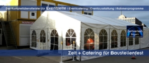 Kompaktes Baustellenfest für 50 Personen: Maßgeschneidertes Zelt-Setup mit dekorativem Holzzaun und Catering-Infrastruktur von Schätzl, Ihrer Eventagentur für München.