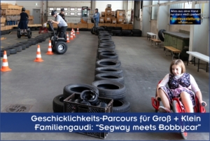 eilnehmer auf Segways und ein Kind im Bobbycar in einem mit Reifen und Pylonen aufgebauten Geschicklichkeits-Parcours bei einem Inhouse-Firmenevent von Schätzl Ereignismanagement.