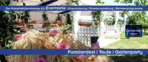 Sommerliche Dekoration mit Rosen und Getreideschober vor einem Festzelt für ein Familienfest und eine Taufe im Raum München und Landshut.