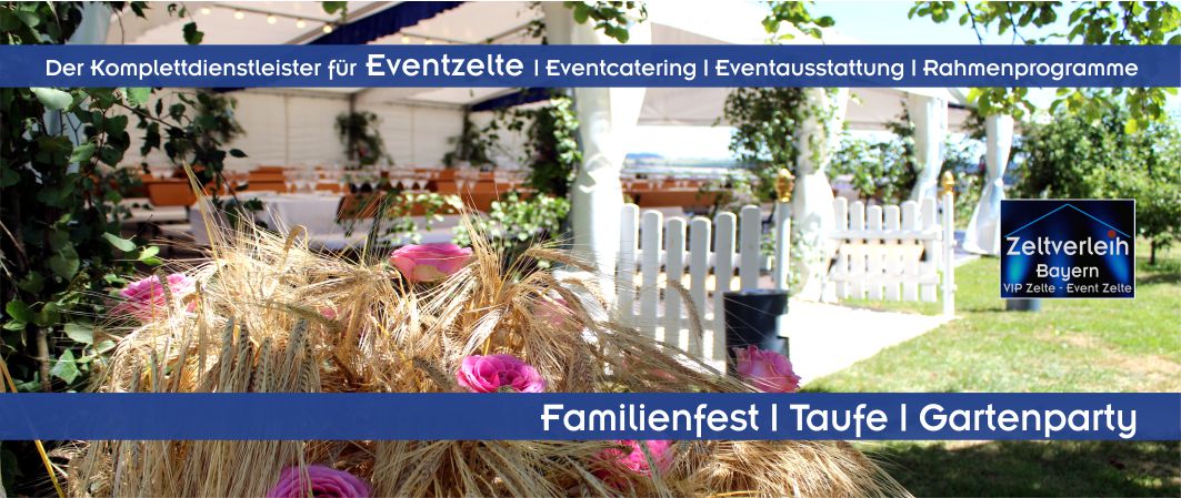 Sommerliche Dekoration mit Rosen und Getreideschober vor einem Festzelt für ein Familienfest und eine Taufe im Raum München und Landshut.