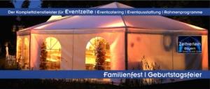 Ein elegant beleuchtetes Eventzelt bei Nacht für eine private Geburtstagsfeier und ein Familienfest im Raum München und Landshut.
