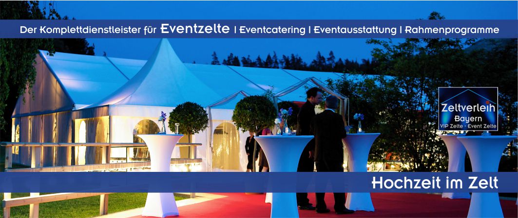 Exklusive Hochzeitsfeier im Zelt bei Nacht mit Stehtischen und rotem Teppich im Eingangsbereich Raum München und Landshut.